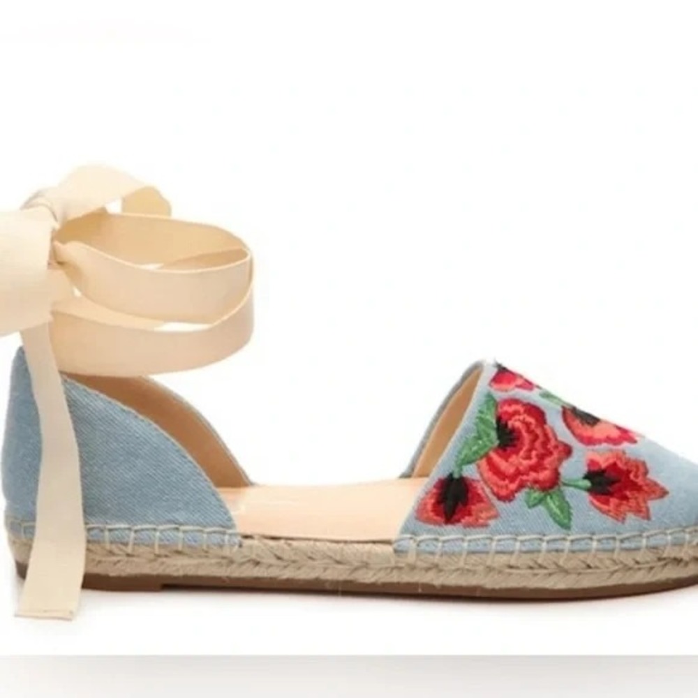 Jessica Simpson Fippo Denim Poppy Embroidered Ankle Tie Espadrille Flats 10M‎